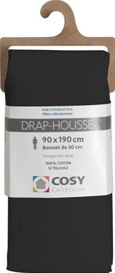 Drap housse 90x190<BR>100% coton<BR>Noir