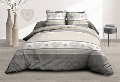 Housse de couette 240x260 + 2 taies <BR>Pur coton 57 fils <BR>Coeurs gris